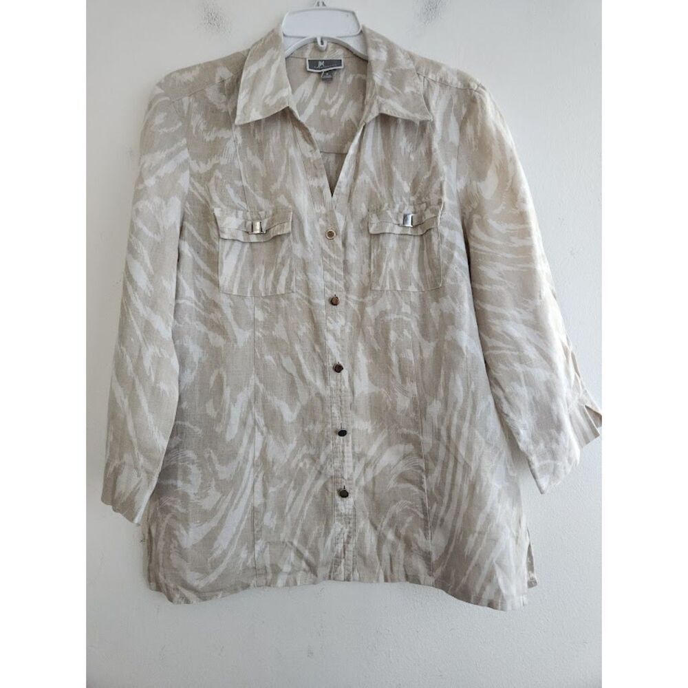 JM Collection Women Cream & White 100% Linen Button Down Shirt size 8